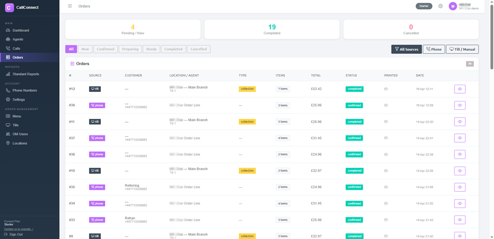 Call Connect AI Live Orders List