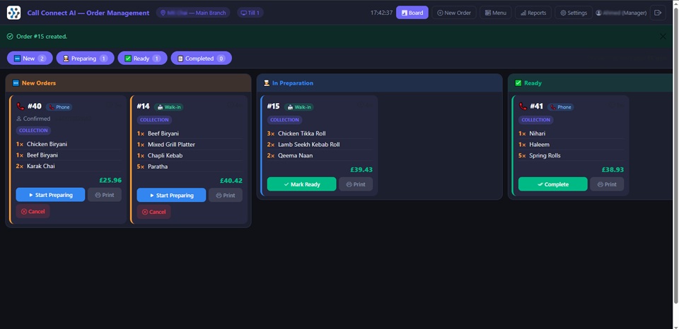 Call Connect AI Order Management Kitchen-View-Till-Master