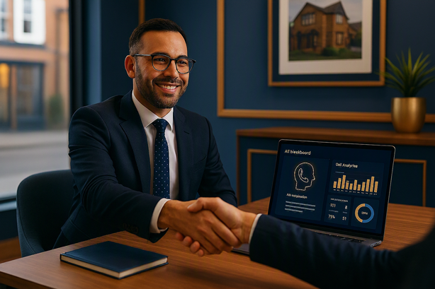 Estate agent at a modern desk reviewing AI call analytics dashboard on a laptop, representing improved response times and tenant satisfaction with CallConnect AI