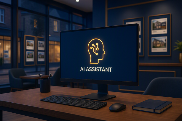 Here are the alt texts for all 5 images: Image 1 — Hero AI voice agent interface on a desktop screen inside a modern UK estate agency office at night, showing 24/7 call answering technology