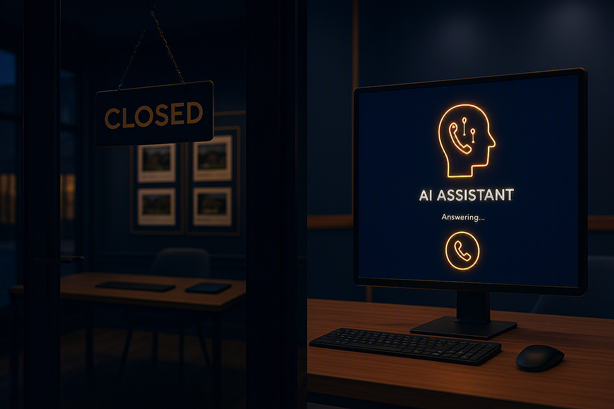 Split scene showing a dark closed estate agency office at night on the left and a glowing AI call answering interface actively handling calls on the right