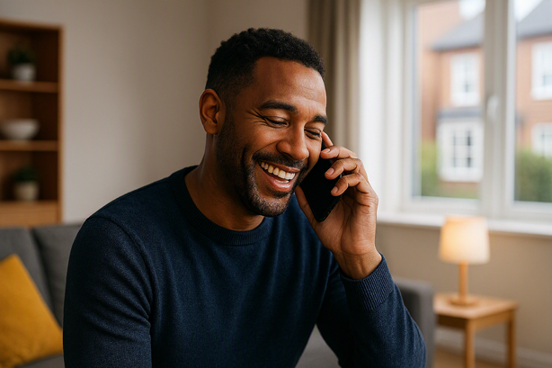 Smiling UK landlord on a phone call at home looking relieved after a successfully resolved property management query handled by an AI voice agent