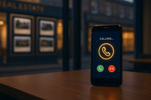 Unanswered ringing smartphone on an empty estate agency desk with UK property listings visible in the background, representing missed calls in property management