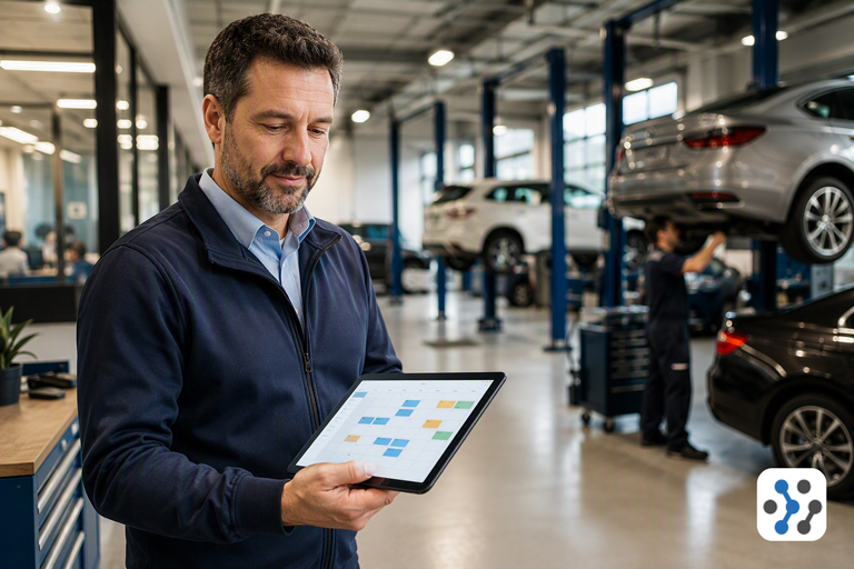 Service center manager reviewing live schedule on a tablet powered by Call Connect AI